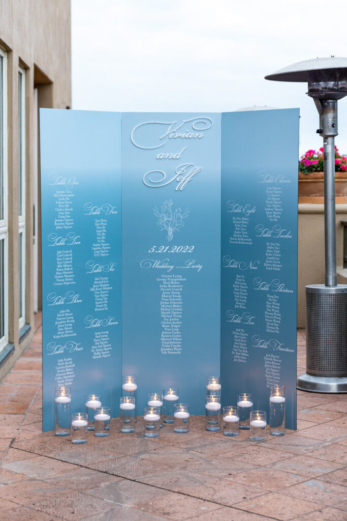 Large seating chart in shades of blue.