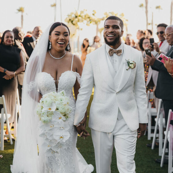Bride and groom walking down aisle